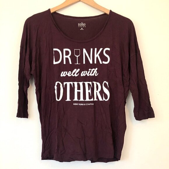 SOHO NEW YORK & COMPANY NY&CO Burgundy Drinks Well Others 3/4 Sleeve Tee Small - Picture 1 of 7